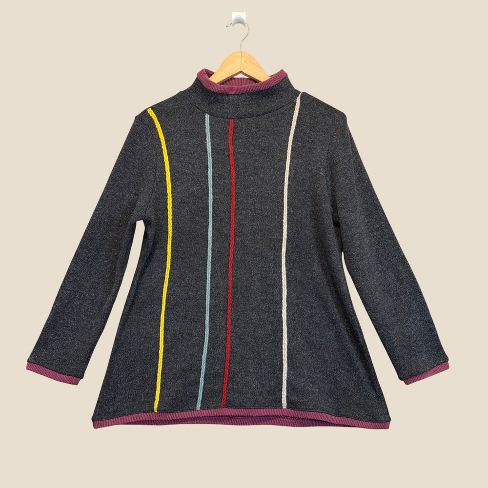 Trisha Tyler Sweater Womens L Gray Textured Stripe Mock Neck A-Line Unique Artsy